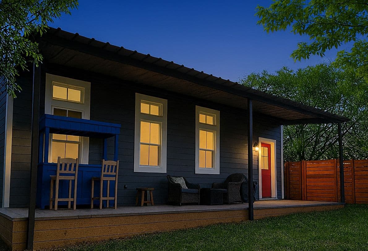 Guest Cottage exterior illuminated at night
